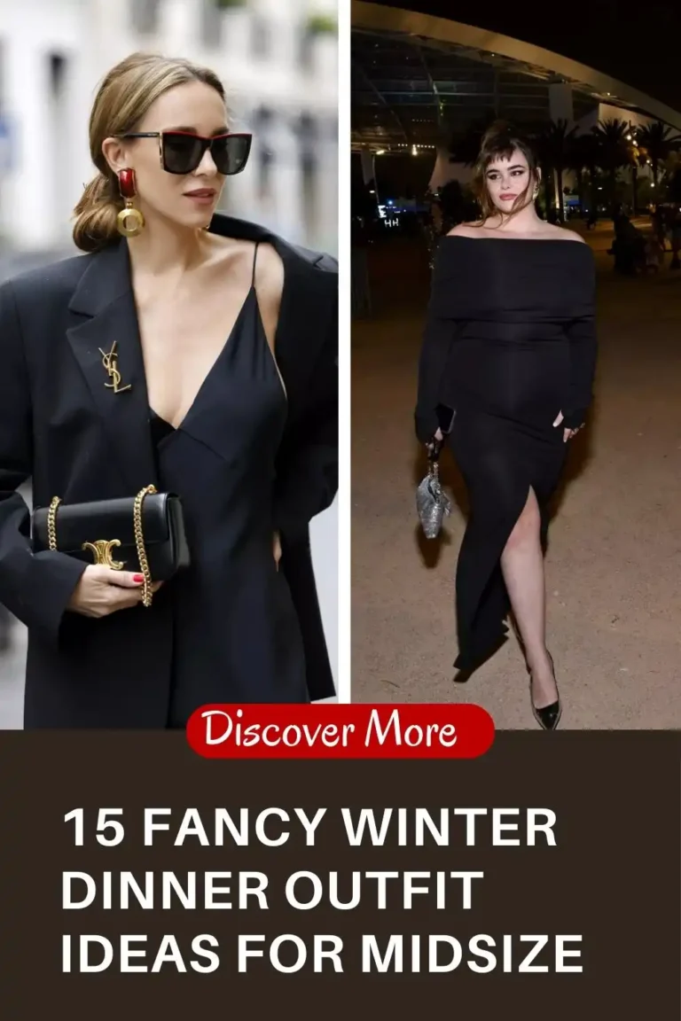 Midsize woman wearing elegant black fancy winter dinner outfit ideas for midsize with sleek dress, coat layering, heels, and evening accessories.