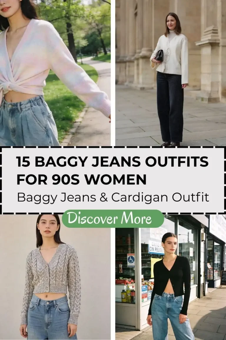 Collage of women wearing 90s inspired baggy jeans outfits, styled with cropped cardigans, knit sweaters, and wide leg jeans in casual street settings.