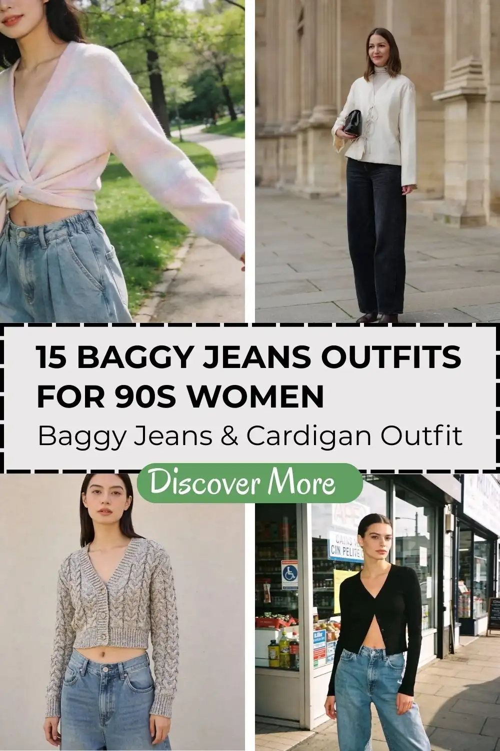 Collage of women wearing 90s inspired baggy jeans outfits, styled with cropped cardigans, knit sweaters, and wide leg jeans in casual street settings.