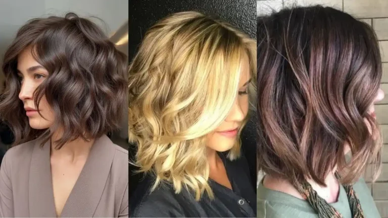 Side-by-side view of three medium wavy bob hairstyles featuring brunette, blonde, and highlighted hair with soft waves, layered texture, and natural volume.