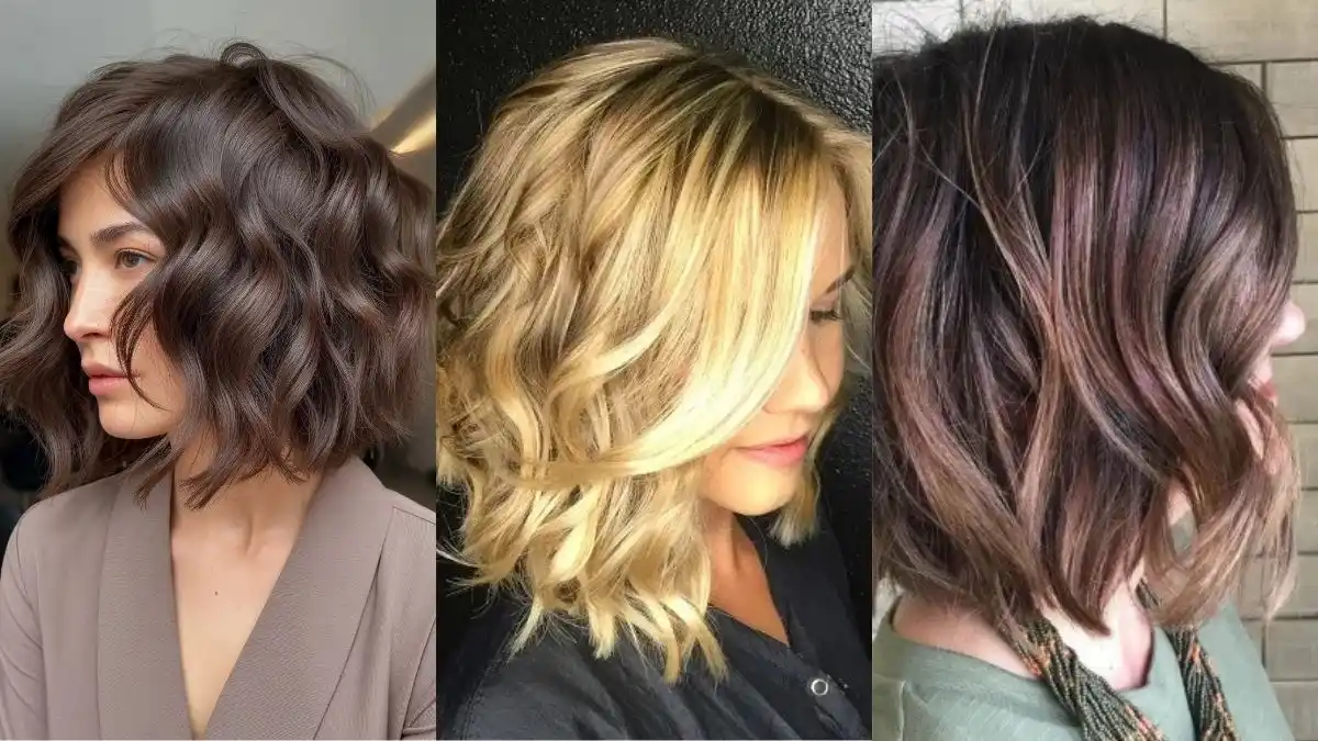 Side-by-side view of three medium wavy bob hairstyles featuring brunette, blonde, and highlighted hair with soft waves, layered texture, and natural volume.