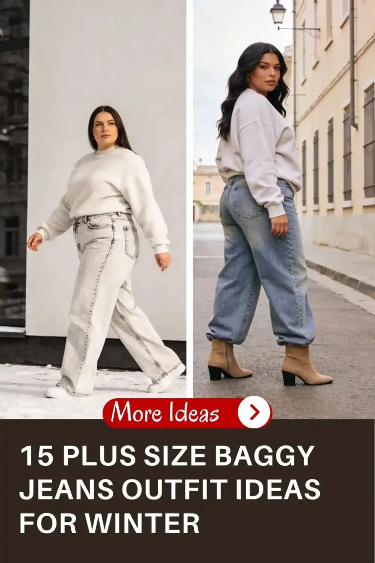 Plus size woman styled in a relaxed winter look with a sweatshirt and loose baggy jeans, paired with sneakers and ankle boots in an outdoor street setting.