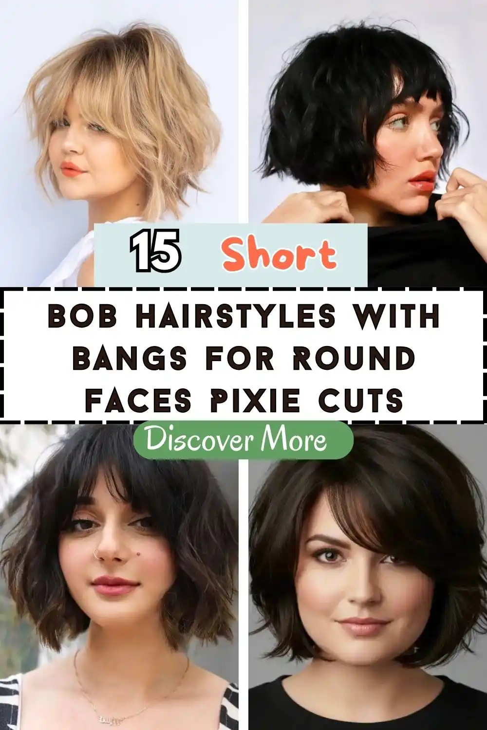 Collage of short bob hairstyles with bangs for round faces, showing soft layers, textured bobs, and face-framing fringe in blonde and dark hair tones.