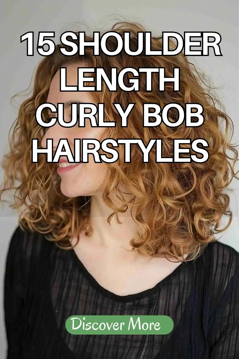 Close-up of a woman with a shoulder-length curly bob hairstyle, featuring defined natural curls, soft layers, and warm brown highlights against a neutral background.