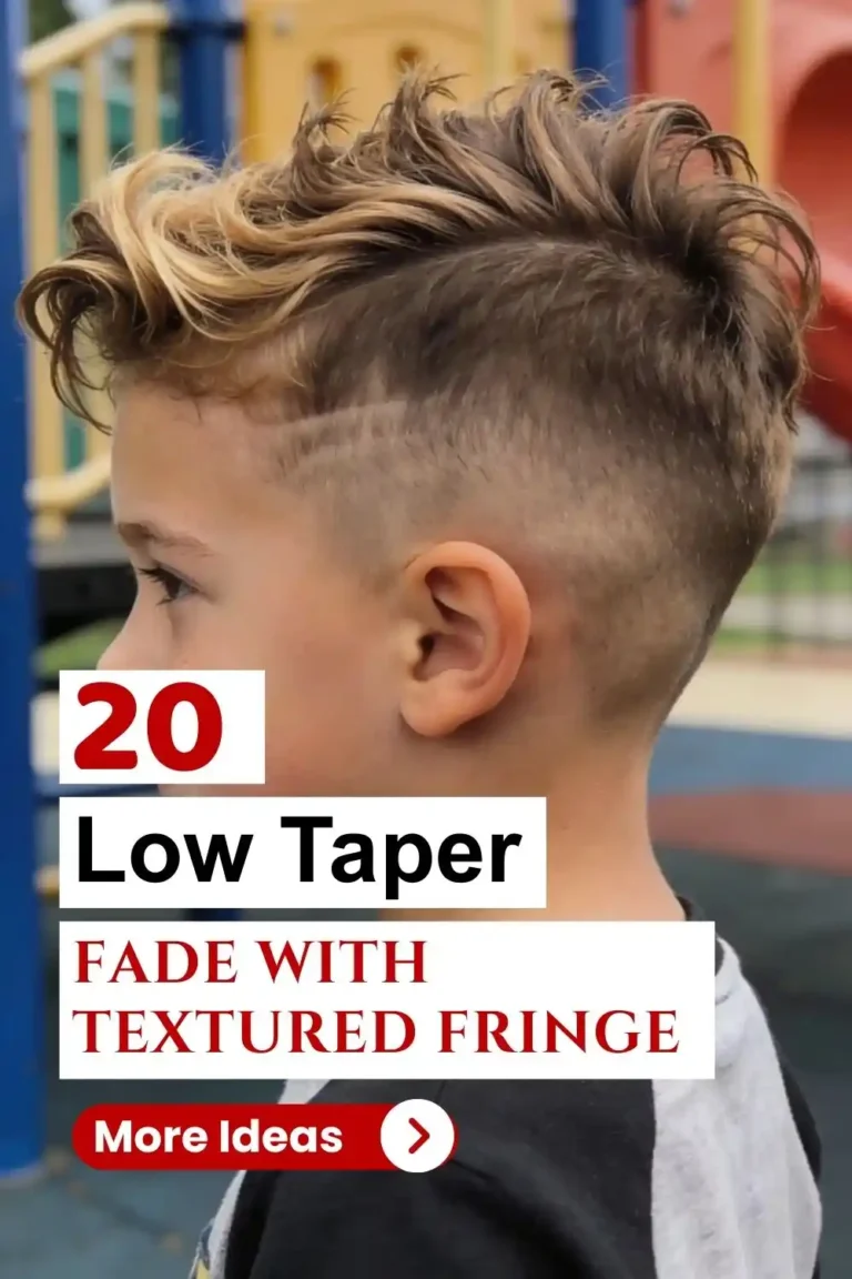 Side profile of a young boy with a low taper fade haircut, textured fringe on top, shaved line detail, and short faded sides at a playground.