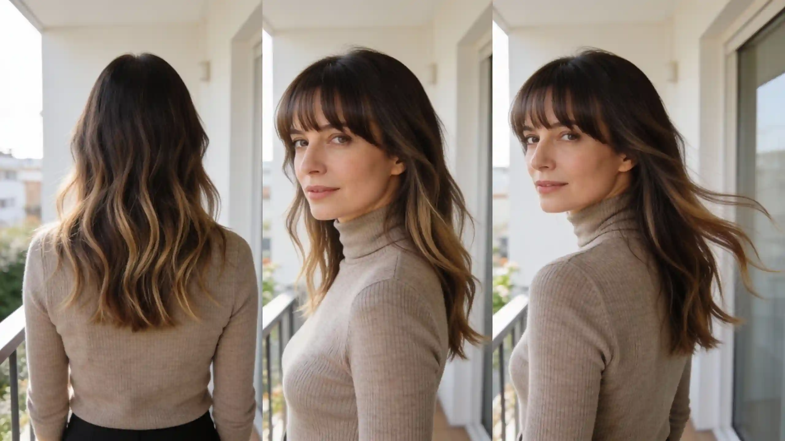 Shoulder length layered haircut with soft waves and curtain bangs shown from back side and three quarter angles wearing a neutral turtleneck sweater