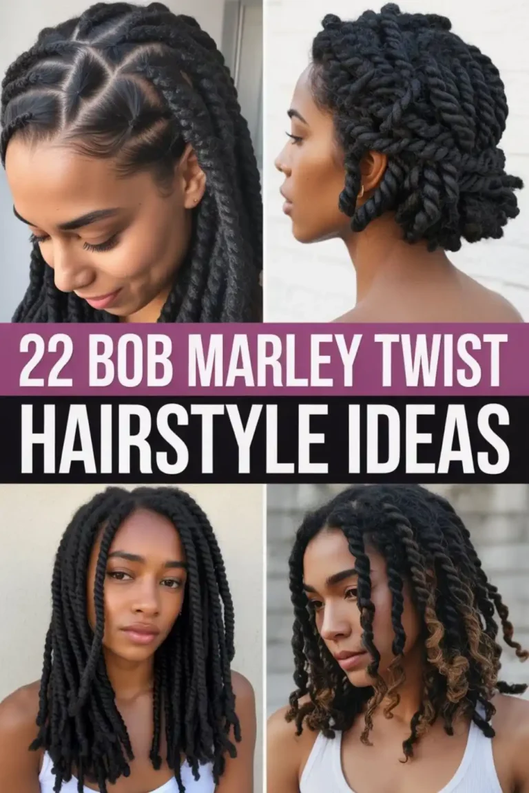 Bob Marley twist hairstyles showing bob-length Marley twists with neat parts, curly ends, and protective styling for natural hair.