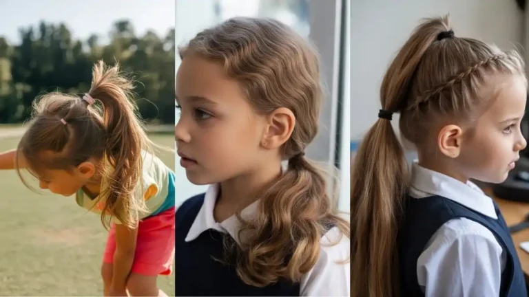 Kids wearing ponytail hairstyles suitable for school and parties, including a playful high ponytail, a simple low ponytail, and a neat ponytail with braid detail.
