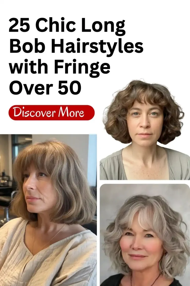 Long bob hairstyles with fringe over 50 featuring chic layered lobs, soft bangs, and flattering styles for mature women.