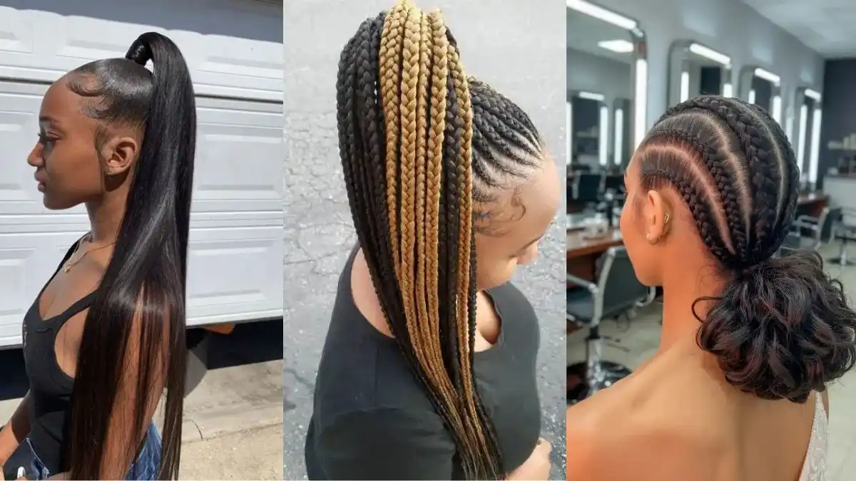 Three ponytail hairstyles for Black women showing a sleek high ponytail, a long braided ponytail, and a low braided ponytail with cornrows.