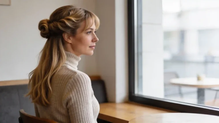 Woman with blonde hair styled in a twisted half up bun, wearing a beige turtleneck and sitting by a window.