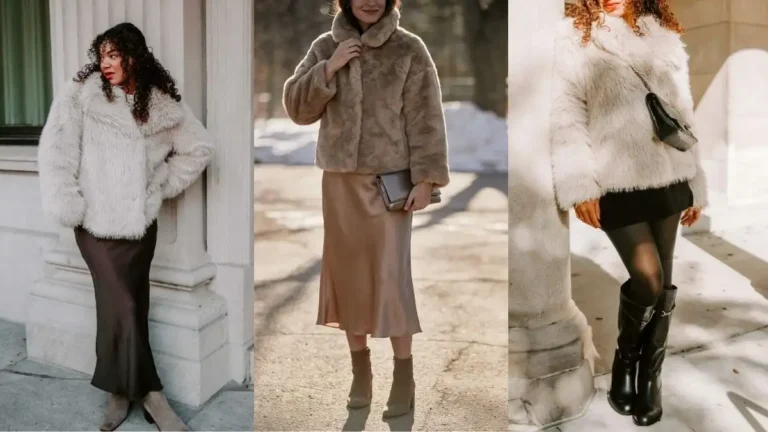 Three women wearing winter faux fur jacket outfits outdoors. The first wears a white faux fur jacket with a dark satin midi skirt and neutral ankle boots. The second wears a beige faux fur jacket with a brown satin midi skirt, taupe ankle boots, and a small clutch. The third wears a white faux fur jacket with a black mini skirt, sheer tights, and knee high black boots. Stone columns and winter light in the background.