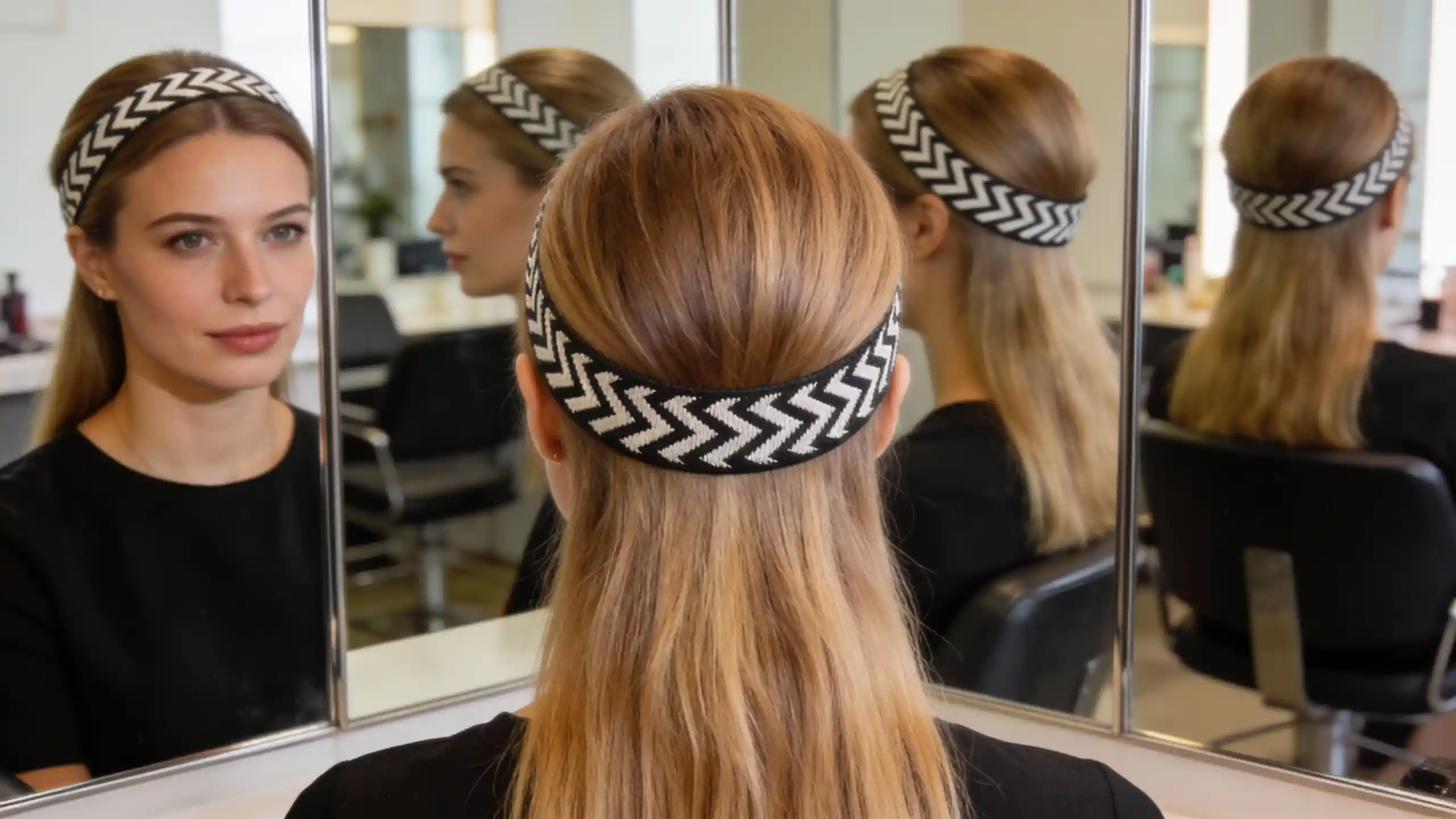 Woman with blonde hair wearing a black and white chevron headband, sitting in front of a mirror at a salon.