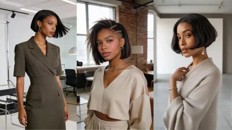 Three Black women wearing short bob hairstyles with sleek, textured, and softly curved finishes, styled for modern and professional looks.