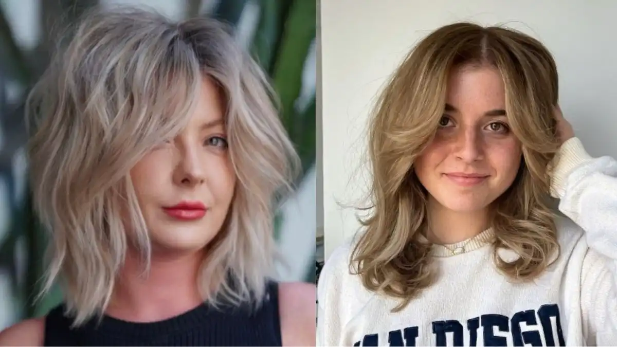 Side-by-side images of women wearing long layered bob haircuts, one with a textured, tousled blonde lob and the other with a soft, layered bob styled with curtain bangs and subtle waves.